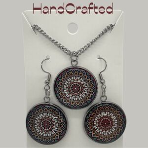 Hand Crafted Red Orange Mandala Pendant Necklace Earrings Set NWT OS